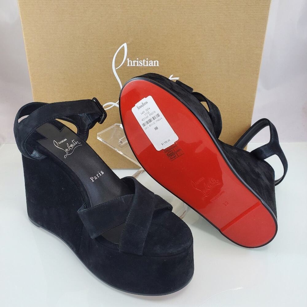 NWT$1,195 CHRISTIAN LOUBOUTIN Supramariza Black Velvet Wedge Heel Sandals Sz 39